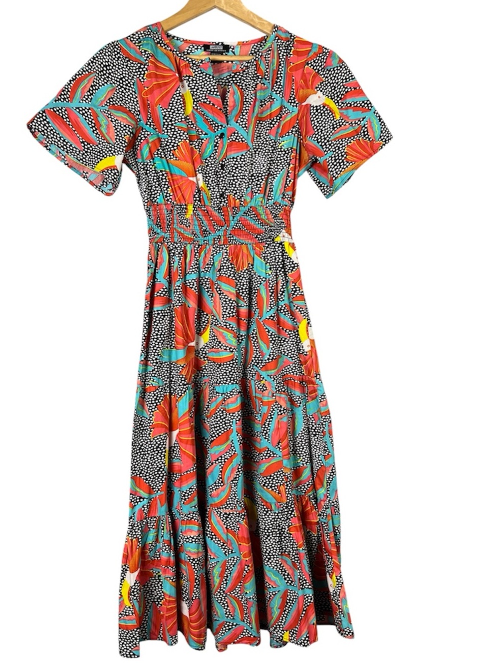 Tropical Floral Polka Dot Tiered Maxi Dress Smocked Waist Short Sleeve Size L